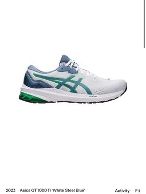ASICS GT-1000 11 Men's Running Shoe - White with Steel Blue & Green Accents